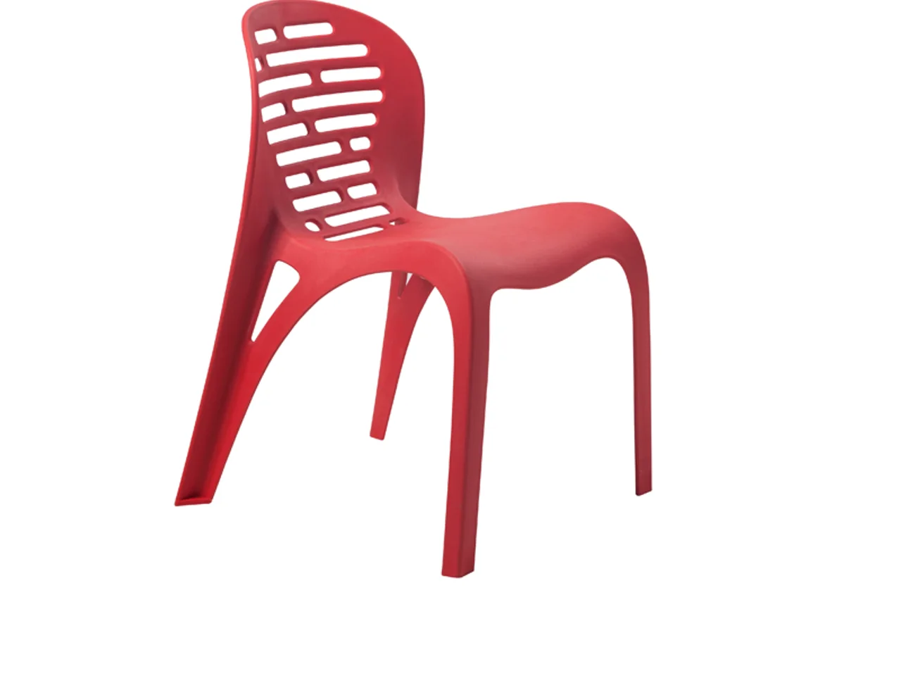 Single red injection-moulded plastic stacking chair on a white studio background