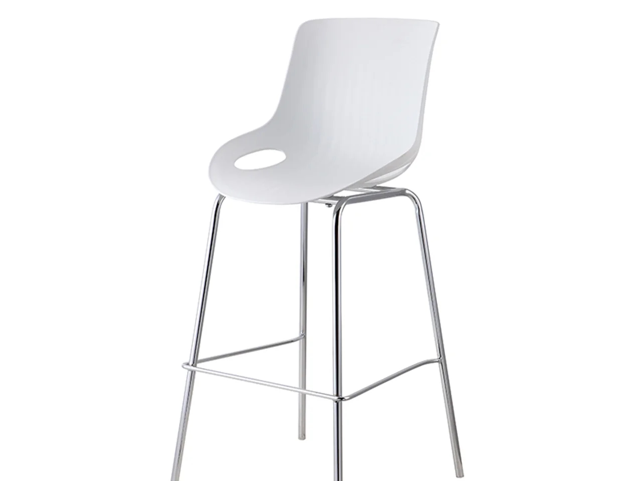 White plastic-shell bar stool with chromed steel legs, a YIMIGA OEM model